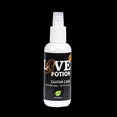 Frasco de spray branco com rótulo preto e texto para cuidado de guitarra