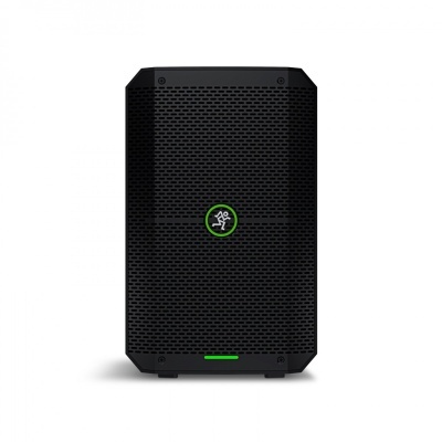 Coluna de som preta com grelha e logótipo verde central