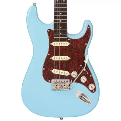 Guitarra elétrica azul clara com pickguard castanho marmoreado