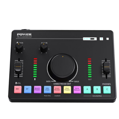 Mesa de mistura preto com botões coloridos e texto Power Studio