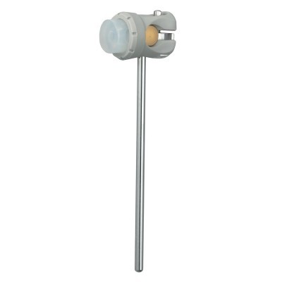 Vara metálica com componente superior em plástico e peça amarela sobre fundo branco