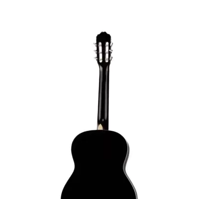 Guitarra clássica preta vista de costas com acabamento brilhante