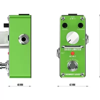 Pedal de efeito verde para baixo com botões e texto BASS LIMITER