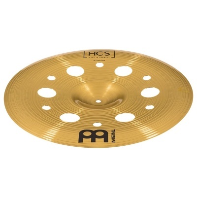 Prato de bateria Meinl dourado com furos circulares e textos HCS Light Crash 14 Made in China