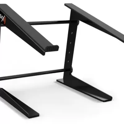 Suporte ajustável para portátil preto em metal com detalhes em vermelho