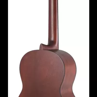 Guitarra clássica castanha escura vista de trás em fundo branco