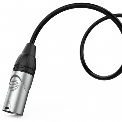 Cabo preto com conector metálico prateado em fundo branco