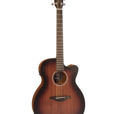 Guitarra acústica castanha com cabeça marca Vintage e seis cordas