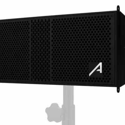 Coluna de som preta com grelha perfurada e logótipo branco A