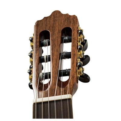 Cabeça de guitarra clássica em madeira castanha com cravelhas douradas e pretas