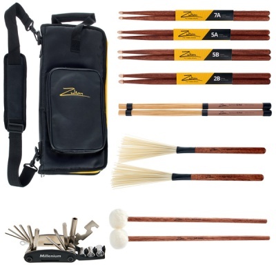 Conjunto de baquetas e acessórios para bateria com bolsa preta Zultan
