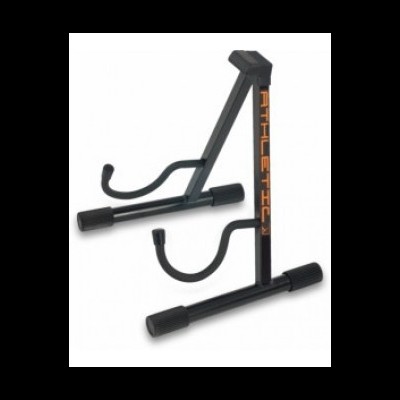 Suporte metálico preto para guitarra com apoios revestidos a borracha e texto ATHLETIC laranja