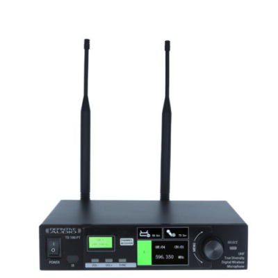 Receptor digital sem fios UHF preto Definitive Audio TD 100PT com duas antenas e ecrã LCD