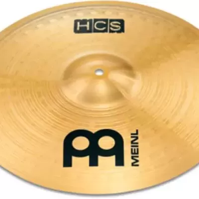 Prato de bateria dourado com inscrições HCS e MEINL em preto