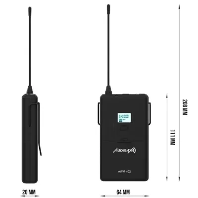 transmissor ou recetor áudio preto com antena, display digital e medidas