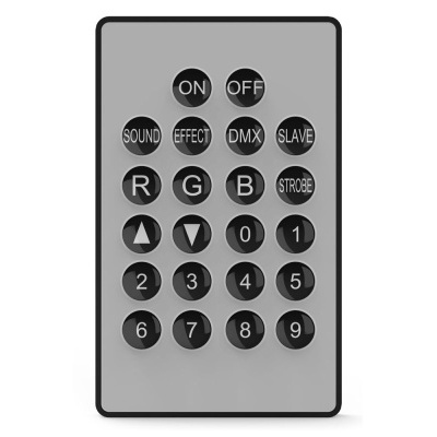 Comando remoto cinzento com botões pretos redondos e etiquetas brancas