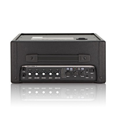 Amplificador de guitarra preto com controlo frontal e entradas múltiplas