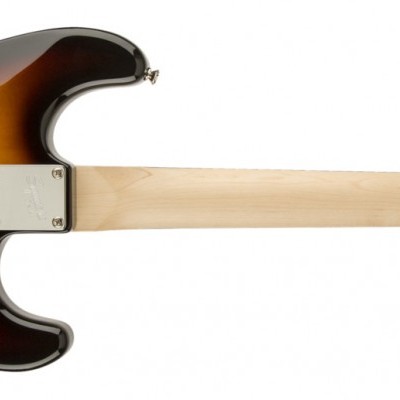 Guitarra elétrica sunburst vista traseira com braço claro e afinadores cromados