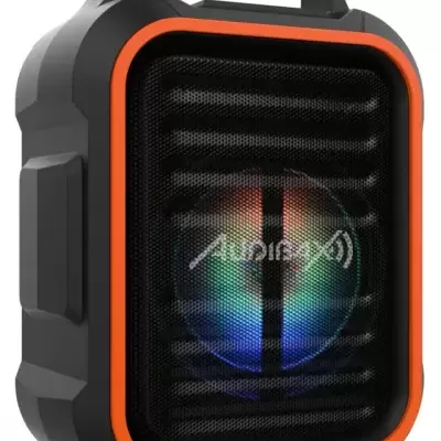 Coluna portátil preta com detalhes em laranja e luzes LED coloridas