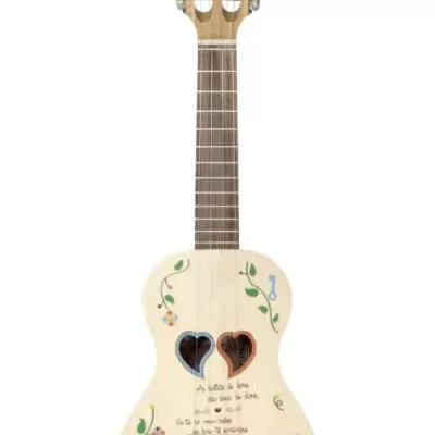 Cavaquinho claro com decoração floral colorida e texto em português.