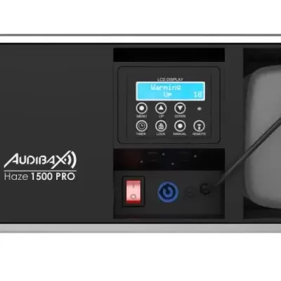 Máquina preta para produção de névoa AudiaFX Haze 1500 PRO com display digital e reservatório