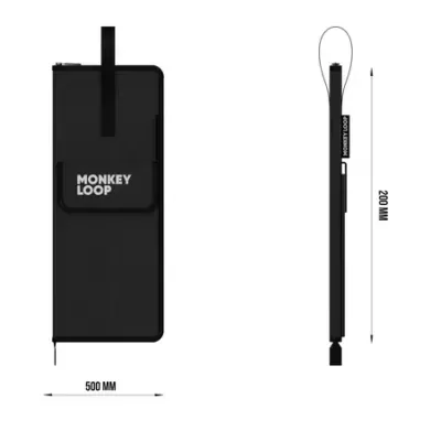 Bolsa preta MONKEY LOOP com bolso frontal, dimensões 500x200 mm em fundo branco