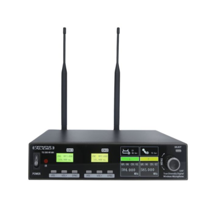 Recetor digital de microfone sem fios UHF preto com duas antenas e ecrãs LCD.