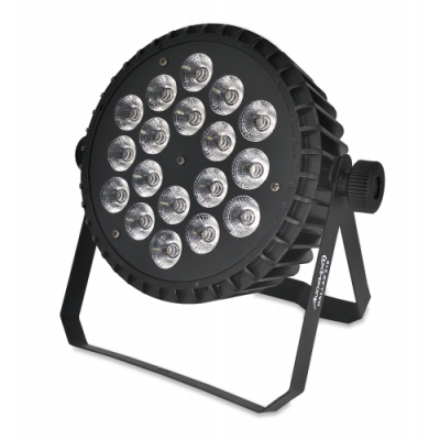 Projetor de luz LED preto com 18 lentes cilíndricas.