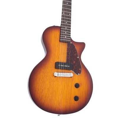 Guitarra elétrica castanha e amarela com dois botões pretos