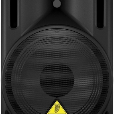 Coluna de som profissional Behringer preta com grelha metálica e logótipo amarelo