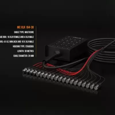 Cabo multicore MC XLR 164-30 com caixa preta Stagebox e múltiplos conectores