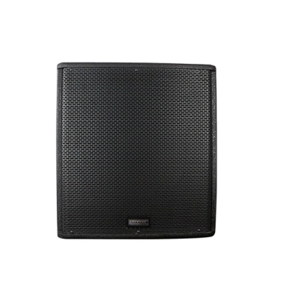 Coluna de som preta com grelha metálica e etiqueta power