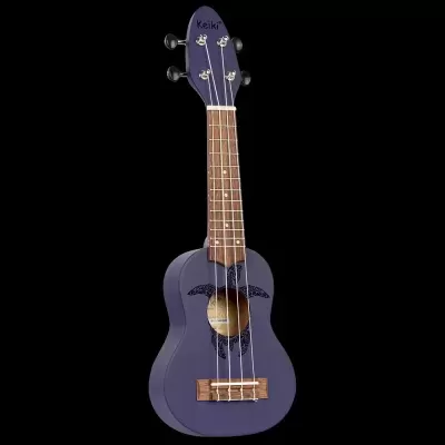 Ukelele roxo com cordas brancas e marca Keiki na cabeça