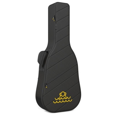 Estojo rígido preto para guitarra com fechos dourados e logótipo amarelo