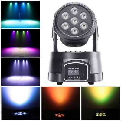 Luz LED tipo moving head preta com sete LEDs e painel de controlo digital