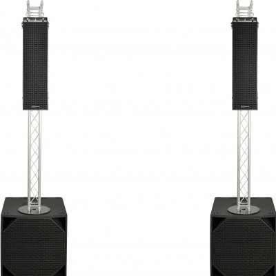 Sistema de som com colunas verticais pretas e subwoofers pretos em estruturas metálicas