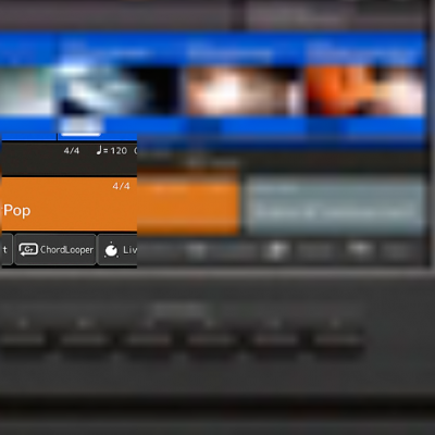 Interface digital com texto 'Pop', botões e painel de controlo preto
