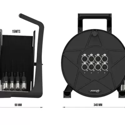 Extensor de cabo preto com 15 metros e várias tomadas, vista frontal e lateral.