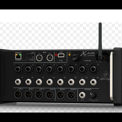 Mesa de mistura digital Behringer X AIR XR16 com múltiplas entradas e conexões e antena WiFi