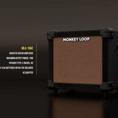 Amplificador de guitarra preto com painel frontal castanho e texto MONKEY LOOP