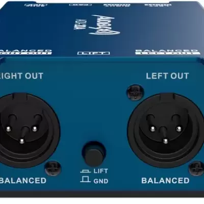 Interface áudio azul com entradas XLR esquerda e direita, botão de seleção no meio