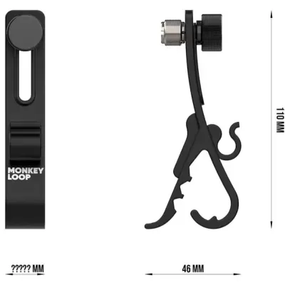 Suporte preto MONKEY LOOP com detalhes em metal e medidas indicadas