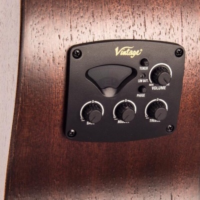 Painel de controle para guitarra acústica embutido em madeira castanha
