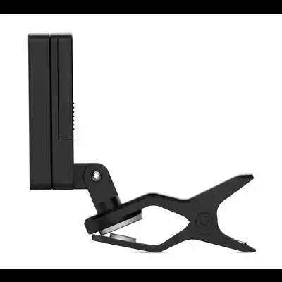 Suporte de smartphone preto com pinça e dobradiça ajustável sobre fundo branco