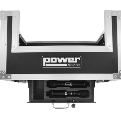 Maleta preta e cinzenta com gaveta aberta mostrando dois microfones sem fio