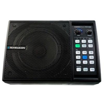 Coluna de áudio TC Helicon VoiceSolo PK150 preta com botões para ajustes de áudio.