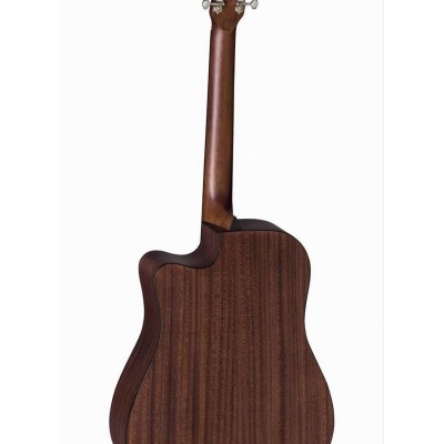 Violão acústico castanho escuro visto de trás com fundo branco