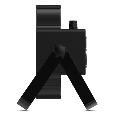 Dispositivo eletrônico negro visto de lado com suportes angulares