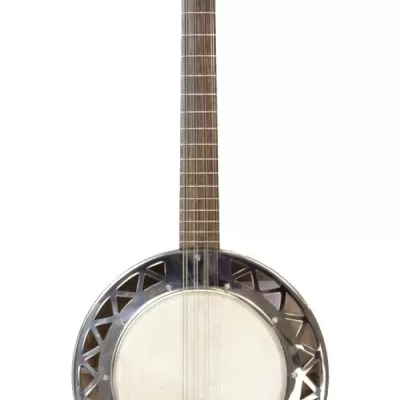 Banjo com corpo metálico e braço de madeira escura, 6 cordas