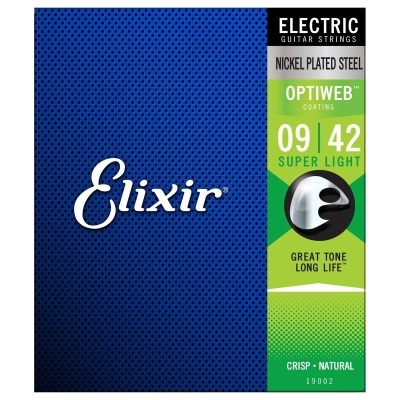 Embalagem azul e verde de cordas para guitarra elétrica Elixir com texto e gradação 09-42